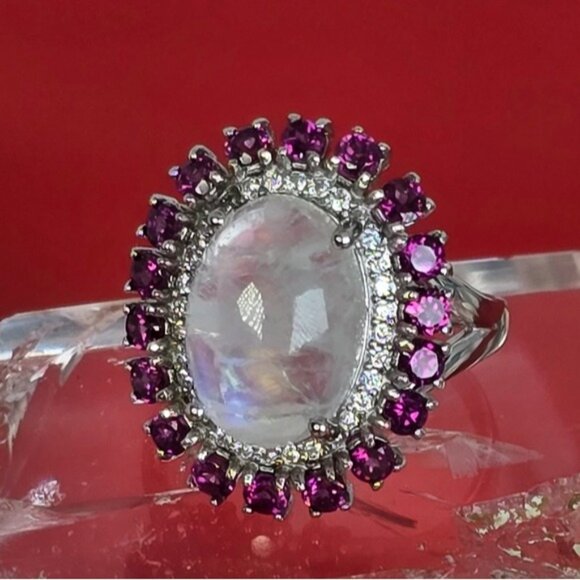 925 Sterling Silver Ring with Natural Moonstone & Rhodolite Garnet Gems - Picture 12 of 12